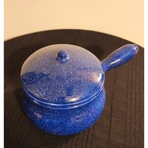 Vintage Blue Ceramic Crock Bowl with Handle & Lid
